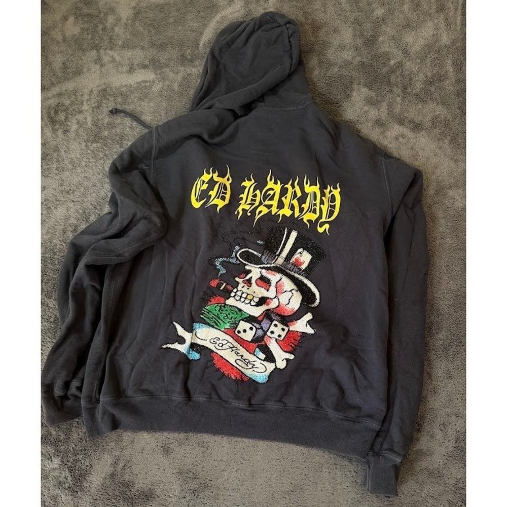 Ed Hardy Christian Audigier Black Zip Up Hoodie Rhinestone Skull Yellow Logo XL